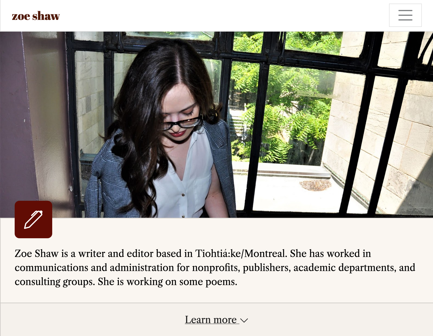 Screenshot from the homepage of Zoe Shaw's personal website.